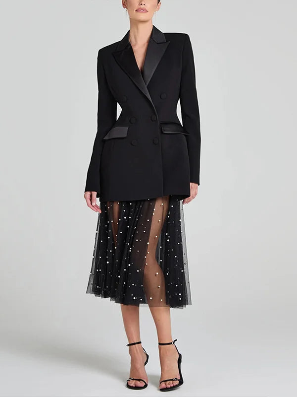 G&S Milano™ | Blazer reversibile in satin nero con doppia fila di bottoni