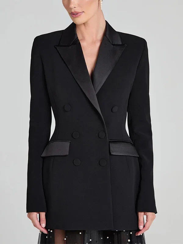 G&S Milano™ | Blazer reversibile in satin nero con doppia fila di bottoni